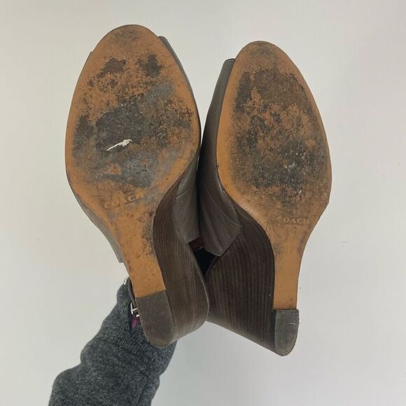 Coach Grey Leather High Heel Wedge Peep Toe Sandals - Picture 8 of 9